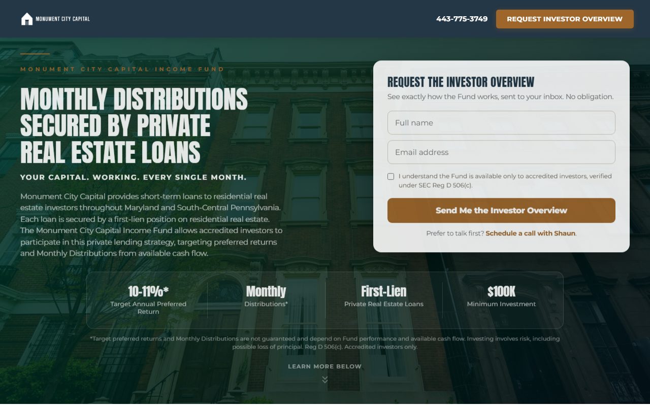 Investor landing page built for a real estate investment firm