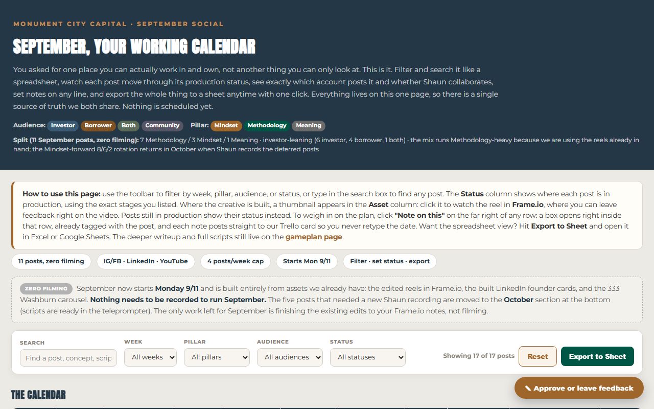 A real monthly social content calendar built for a client